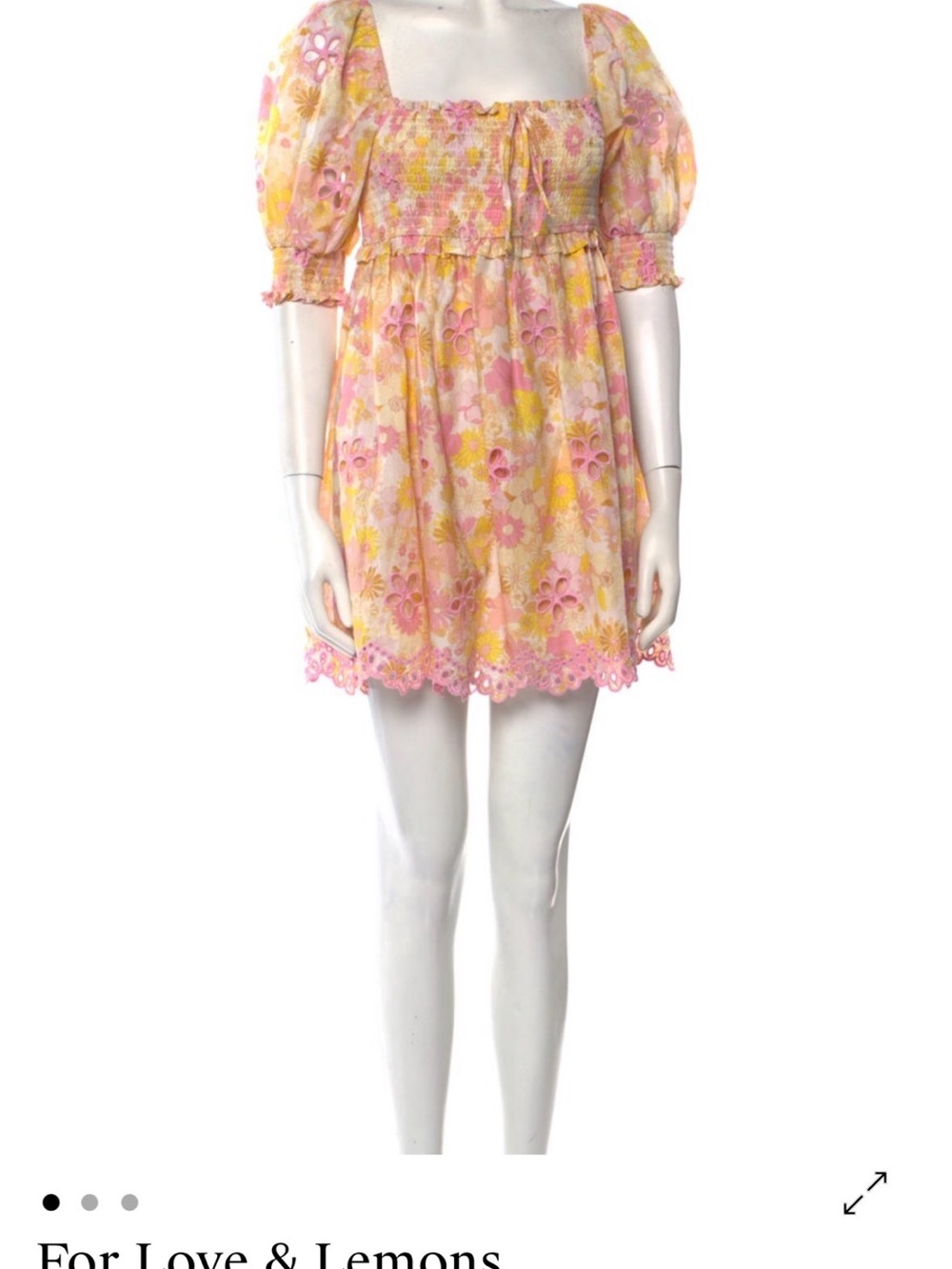 For Love And Lemons Pink and Yellow Floral Puff-Sleeve Babydoll Dress